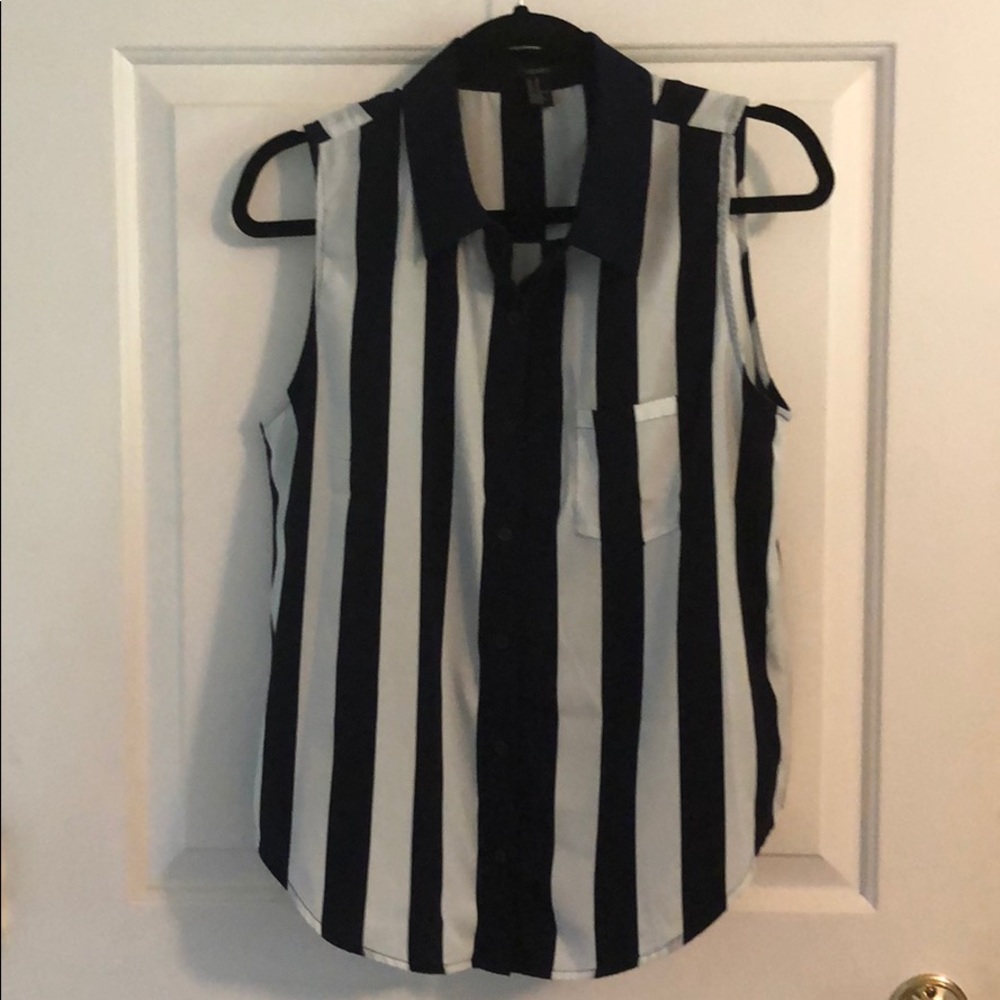 Navy blue and white striped button down blouse